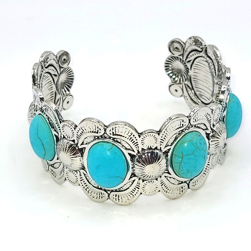 Western cuff bracelet,  silver Tone and faux turquoise